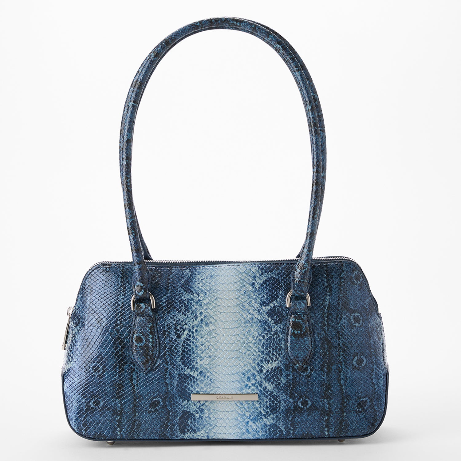 Jennifer blue textured handbag on a white background. Front view.